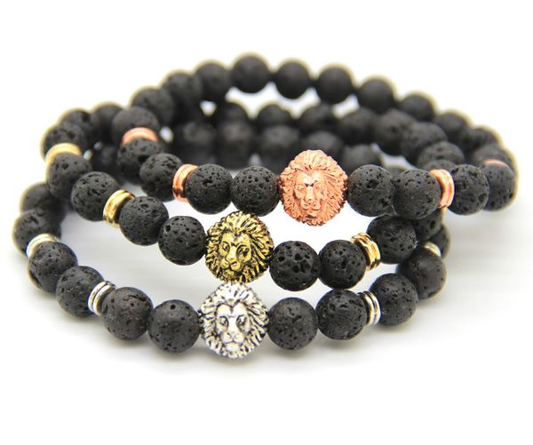 Venta al por mayor, gran oferta, joyería para hombre, cuentas de piedra de energía de Lava negra de 8mm, pulseras con cabeza de león de plata antigua para regalo de fiesta