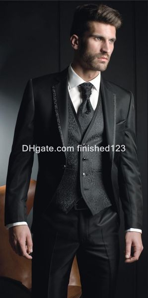 Vente chaude Slim Fit One Bouton Black Groom Tuxedos Notch Spreel Groomsmen Best Man Mens Mariding Costumes (Veste + Pantalon + Vest + Tie) G963