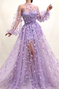 2021 Robes de bal romantiques sexy lilas col haut illusion dentelle fleurs florales 3D pure fente latérale robe de soirée formelle robes de soirée balayage train grande taille manches longues