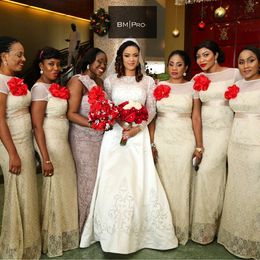 2015 vestidos de dama de honor de vaina de encaje de marfil con mangas cortas vestido de fiesta de boda africano para dama de honor vestidos de dama de honor de cuello transparente
