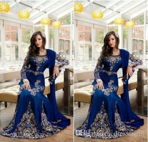 2017 Royal Blue Luxe Crystal Moslim Arabische Avondjurken met Applique Kant Abaya Dubai Kaftan Long Plus Size Formele avondjurken