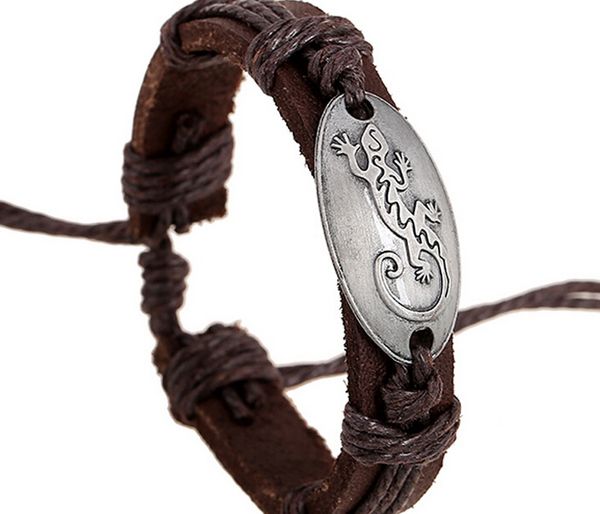 2015 dernière version style punk 100% bracelet en cuir véritable fait à la main en alliage hommes gecko corde bracelet réglable 20pcs / lot