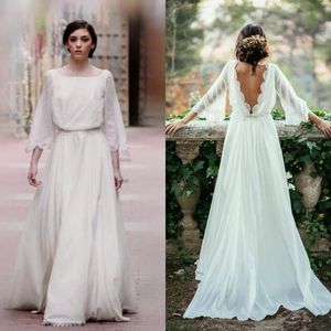 Robe de mariée bohème de style campagnard, ligne A, robes de mariée Boho, col bateau, manches cloche, bord en dentelle, robes de mariée dos nu