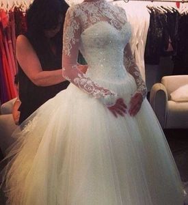 2015 lange mouw kant trouwjurk baljurk vestidos de noiva prinses baljurk appliques tule vloer lengte bruidsjurken QS32