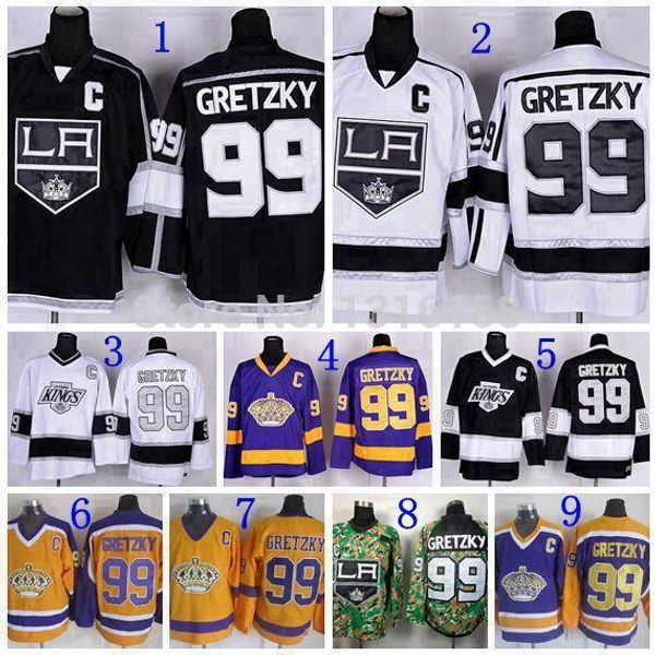 2015 Los Angeles #99 Wayne Trikot Schwarz Weiß Gelb Lila Camo LA Kings Gretzky Old Style Trikots