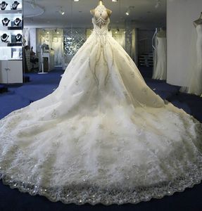 Luxe bijou col haut sans manches robe de bal robes de mariée avec perles et cristaux tulle chapelle train pure dos robes robes de mariée