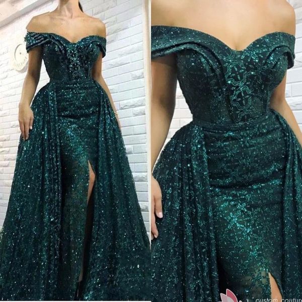 2020 pleine paillettes sirène vert robes de bal longues jupes latérales fendues épaules robes de soirée côté fendu robes de reconstitution historique BC3501