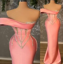 2022 Tallas grandes Árabe Aso Ebi Rosa Lujosos Vestidos de baile sexy Cristales de abalorios Noche Fiesta formal Segunda recepción Cumpleaños Vestidos de compromiso Vestido B0804G03