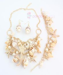 2015 nuevo diseño de moda cadena dorada multielemento cuentas de perlas Concha estrella de mar collar Set13352422