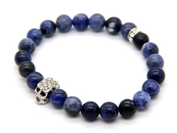 2015 nuovo design gioielli di alta qualità all'ingrosso 8mm naturale blu vene pietra perline teschio bracciali regali per uomini e donne