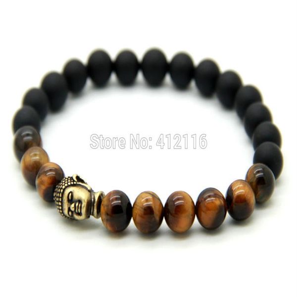 2015 nouveau Design bijoux entier 8mm perles de pierre d'oeil de tigre avec Agate mate Antique Bronze Yoga bouddha Bracelets hommes Bracelet263I