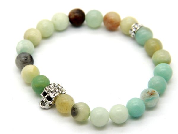 2015 nuevo diseño de joyería al por mayor 8mm cuentas de piedra natural amazonita pulseras de calavera de plata, regalo de fiesta de pulseras de verano