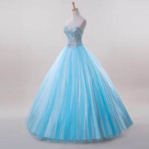 2015 nieuwe mode bling bling blauwe quinceanera jurken baljurk met kralen kristallen lace-up jurk voor 15 jaar debutante downs qs129