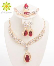 2015 nieuwe mode crystal ketting kraag sieraden sets voor vrouwen partij accessoires Afrikaanse kralen oorbellen armband ring set vintage rood