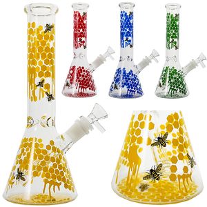 In Voorraad 10 Inch Waterpijpen Buzz Beeker Glazen Bong Met Beecombed Bee Decal Beker Bongs Rechte Perc Waterleidingen 18-14mm Wetenschappelijke Diffuser Olie Dab Rigs