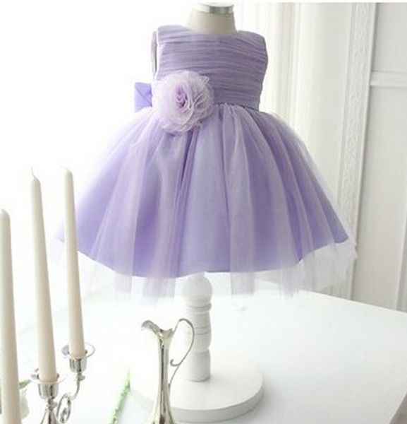 2015 nuevos vestidos nupciales encantadores de la flor de la lavanda de los niños sin mangas de la cintura de la flor de tul arco dulces vestidos del desfile de las niñas modificadas para requisitos particulares