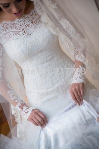 2015 nieuwe sexy een lijn applicaties kant trouwjurken lange mouwen vloer lengte bruidsjurken vestidos de noiva qs44