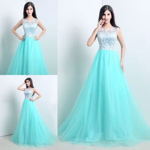 2015 nieuwe voorraad elegante a-lijn mintgroen kant avondjurken met appliques vloerlengte goedkope prom partij jurken vestidos de festa306l