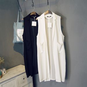 2015 nieuwe zomer stijl vrouwen casual wit zwart lange bovenkleding vest jas mouwloze chiffon blazer jas colete feminino fg1511