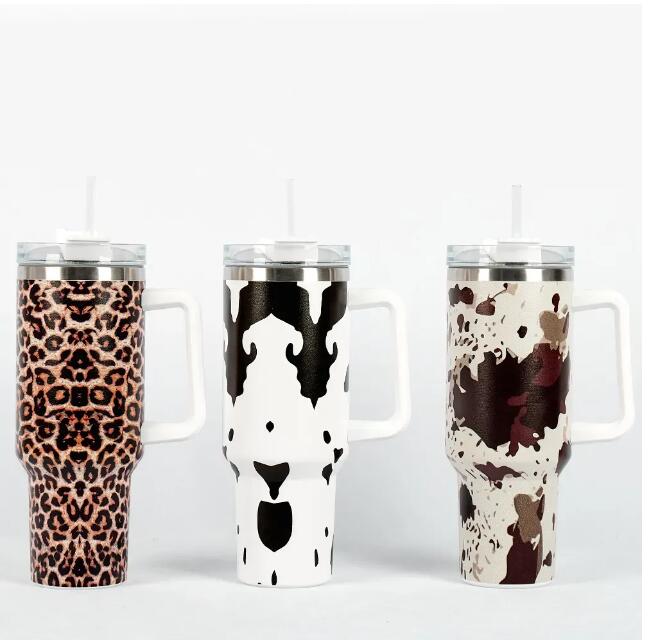 Stock de EE. UU. Vasos de acero inoxidable de 40 oz Tazas Tapas Paja Cheetah Estampado de vaca Leopardo Preservación del calor Viajes Tazas de coche Botellas de agua de gran capacidad con logotipo GG1115