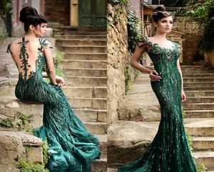 Robes Rami Salamoun 2015 Robes de bal vert Sirène Scoop Cap Sleeves Force Forme Rangs Formes Luxury Crystal Courted Evening Dres8103010