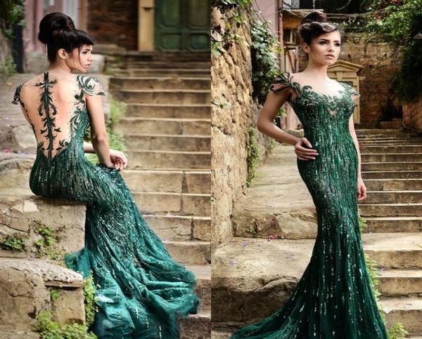 Vestidos de Rami Salamoun 2015 Vestidos de fiesta verde Mermaid Mangas de la gorra SHARE BAJA BAJA FORMULACIÓN FORMAL LUXURY CON CON CIENDO DRES8103010