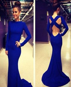 2015 Royal Blue Mermaid Evening Jurken High Neck lange mouwen kruisen rugloze spandex formele jurken lange vrouwen Maxi Prom Party GO3529129