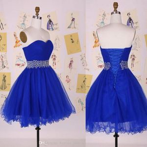 Royal Blue Sweetheart Mouwloze Prom Avondjurken Tule Cocktail Girls Party Jurken Korte Jurk Veters met Pailletten Kristallen Taille