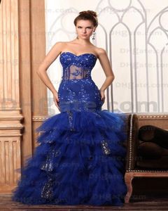 2015 robes de soirée en tulle bleu royal volants perlés paillettes sirène multicouche BY065 Dhyz 018105630