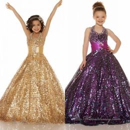 2015 paillettes brillant longue robe de bal gonflée robes de reconstitution historique pour petites filles de haute qualité licou longueur de plancher robe formelle robes de fille de fleur