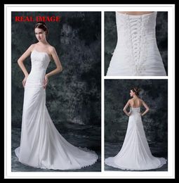 2015 sexy een lijn strapless geplooide trouwjurken chiffon appliques court trein bruidsjurken hw0276939671