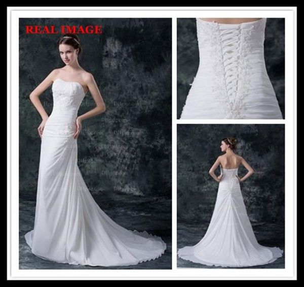 2015 sexy una línea vestidos de boda plisados sin tirantes de chifón Apliques Court Train Gowns Bridal Gowns HW0273521357