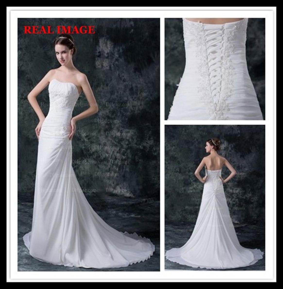 2015 Sexy A Line Strapless Pleated Wedding Dresses Chiffon Appliques Court Train Bridal Gowns HW0276939671