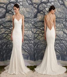 2015 Sexy Back Lace Modest Mermaid Dresses Vestidos de Novia Spaghetti Straps Sweet Train Beach Romantic Bridal Gowns 20165056156