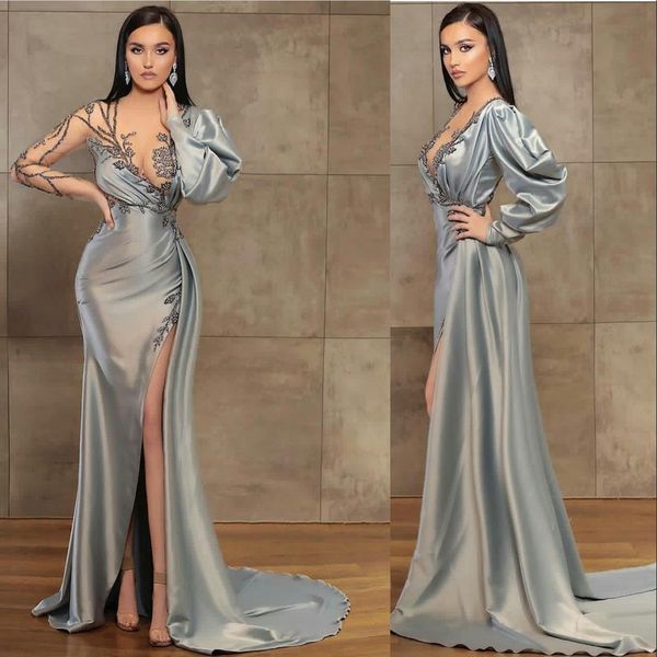 2021 Sexy Argent High Side Split Robes De Bal Manches Longues Illusion Cristal Perles Sirène Longueur De Plancher Robe De Soirée Robes De Soirée Dos Ouvert Robes De Soirée