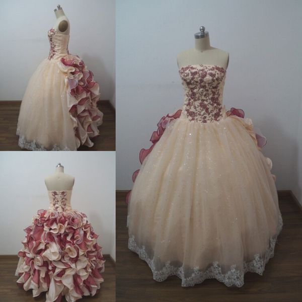 2015 Sexy Hot Ball Robe Broderie Quinceanera Robes Avec Ruffle Sequin Perles Cristaux Robe À Paillettes Pour 15 Ans Debutante Downs QS141