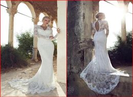 2015 Robes de mariée en dentelle transparente à manches longues V coupées de cou de gaine de gaine