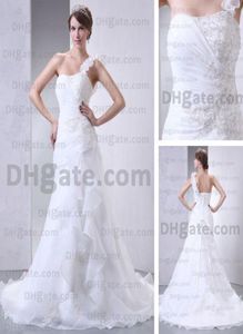 2015 Spring Fashion One Shoulder Wedding Dresses geplooide korset Appliques kralen echte werkelijke afbeeldingen6319679