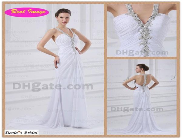 2015 Summer Beach Halter vestidos de novia con cuentas apliques de encaje tren de barrido vestidos de novia de gasa dhyz 014975648