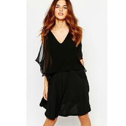 2015 zomer stijl nieuwe zoete strapless mouw terug driehoekige uitgehold vrouwen jurk zwarte v-hals chiffon feestjurken plus size FG1511