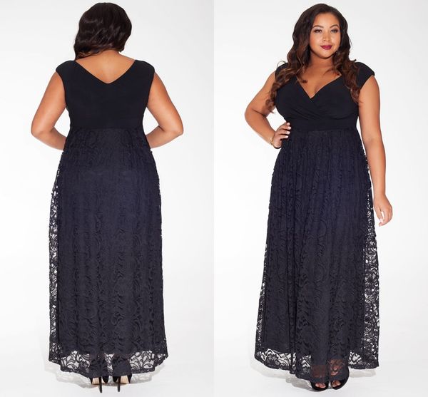 Top Fashion Plus Size Robe de bal en dentelle noire Une ligne Longueur cheville Col en V Creux Capped Robes de soirée Robes de bal