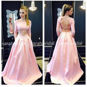 2019 tweedelige roze satijn prom dresses met bateau hals lange mouw sleutelgat backless crop top marine bal zakken jurken plus size goedkoop