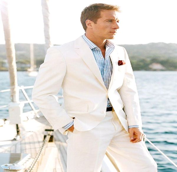 2015 Blazer en lin blanc sur mesure Costume en lin Look pointu Costume de marié sur mesure Costumes en lin pour hommes sur mesure pour smokings de mariage pour Me3093976