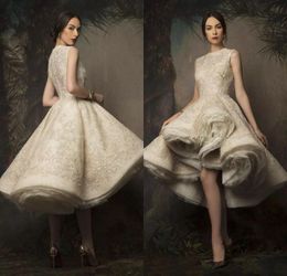 KRIKOR JABOTIAN Hoge Lage Trouwjurken 2020 Juweel Hals Kant Lovertjes Korte Trouwjurk Ruched Organza Bruidsjurken