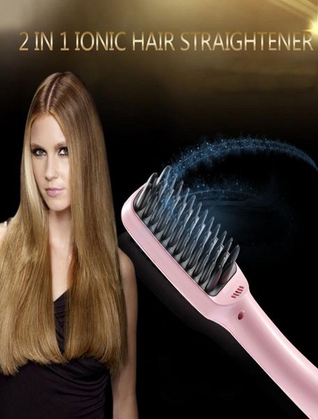 2016 2 en 1 Plancha de pelo iónica Peine Planchas Pantalla LCD automática Cepillo de pelo recto Peine Alisado Rosa Negro por DHL5244598