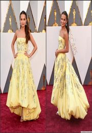 2016 88e Oscar Celebrity Jurken Alicia Vikander Geel Strapless Hoog Laag Taft met Kralen Pailletten Een Lijn Rode Loper Jurken6386342