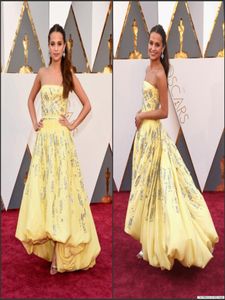 2016 88e Oscar Celebrity Jurken Alicia Vikander Geel Strapless Hoog Laag Taft met Kralen Pailletten Een Lijn Rode Loper Jurken2606718