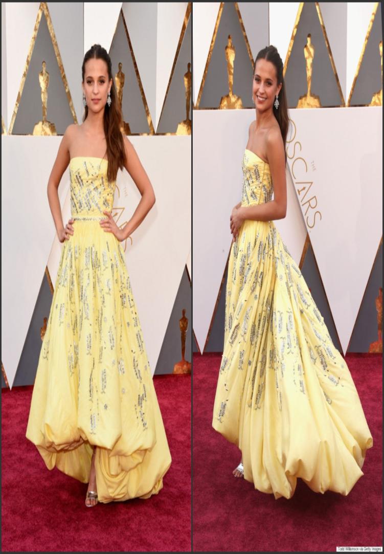 2016 88º Oscar Vestidos de celebridades Alicia Vikander Amarelo Strapless High Low Tafetá com miçangas lantejoulas Uma linha Red Carpet Gowns6386342