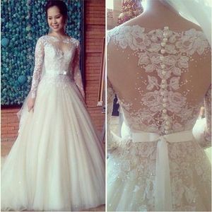 2016 A-lijn Trouwjurken Gratis Verzending Hoge Kwaliteit Applicaties Patroon Beaded Puffy Lace Lange Mouwen Trouwjurk