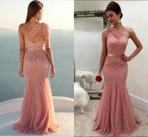 Een schouder blozen roze zeemeermin formele prom jurken sparkly pailletten feestjurken open rug avondjurken